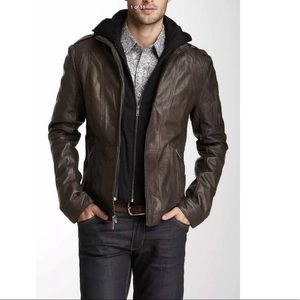 7 Diamonds Milan Slim Hooded Leather Motorcycle Jacket Charcoal Brown XL